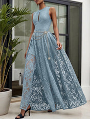 Midnight Black Lace Hollow Out Crew Neck Sleeveless A-Line Maxi Dress