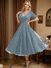 A-line V-Neck Tea-Length Tulle Lace Mother of the Bride Dress With Pleated