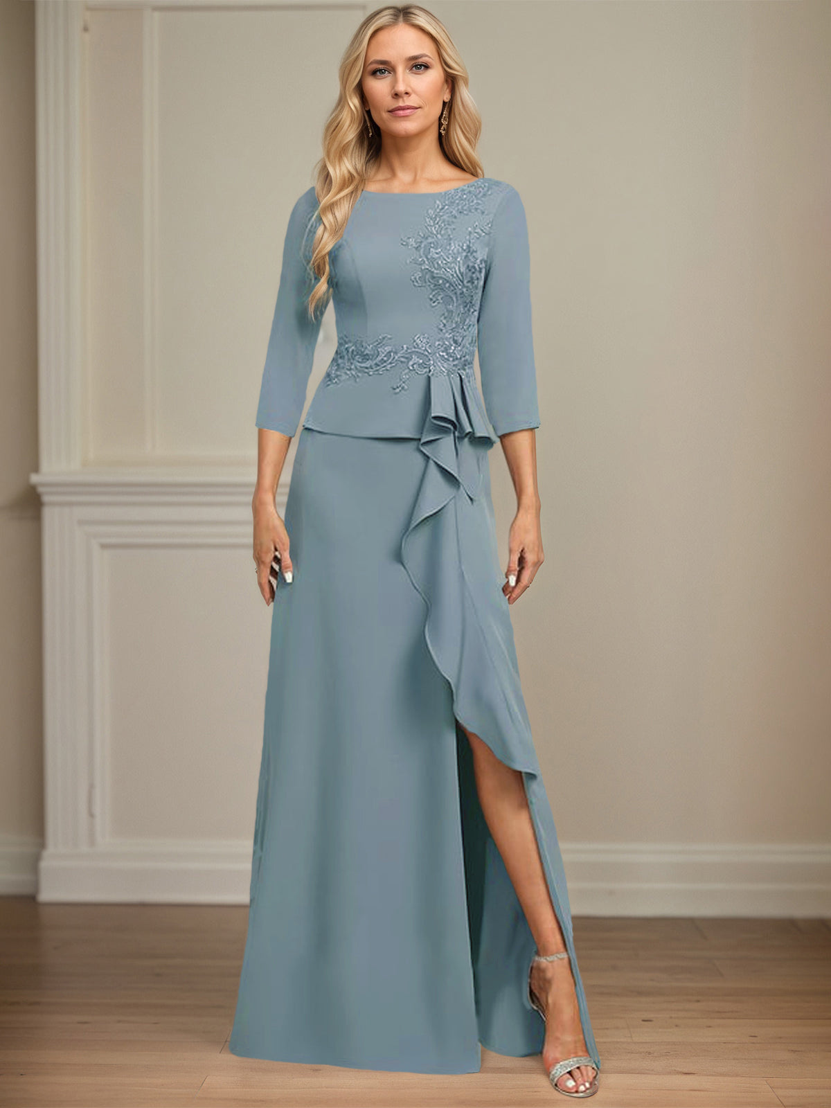 Column Scoop Floor-Length Stretch Crepe Dress With Cascading Ruffles Appliques