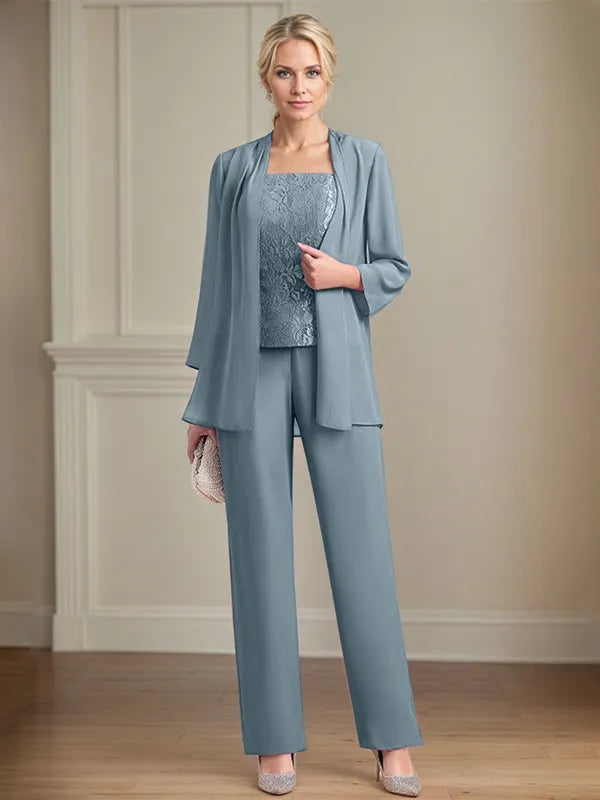Chiffon Square Neck Sleeveless Floor Length Mother of the Bride Pantsuits