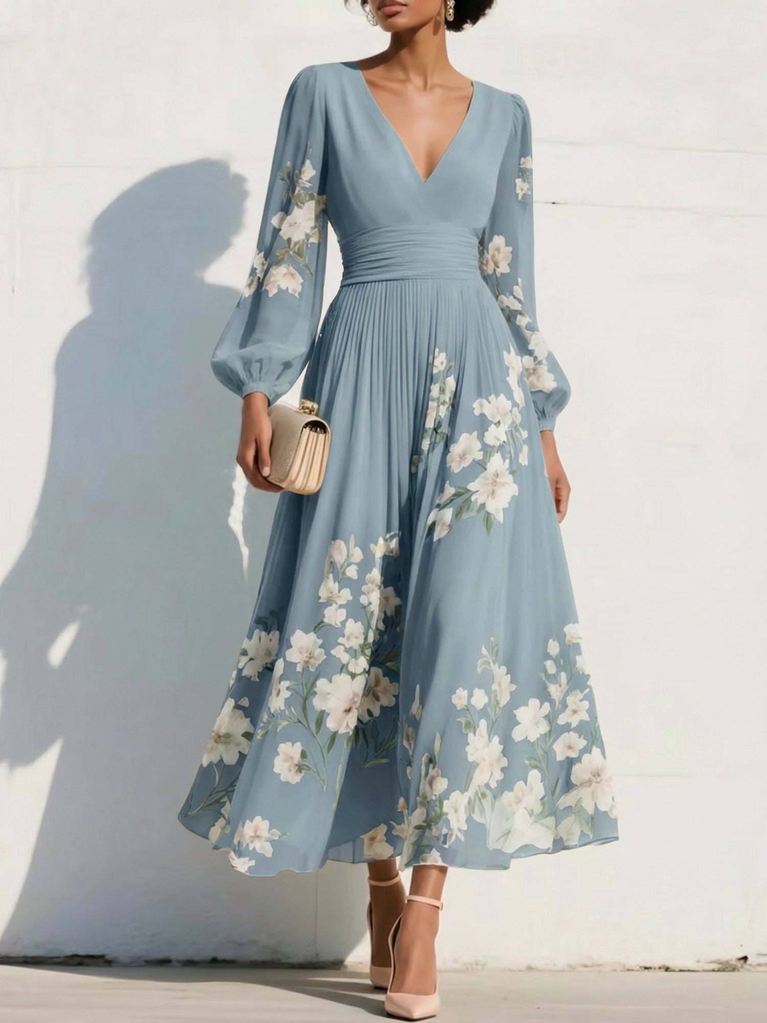 Elegant Floral V-Neck Pleated Midi Dress with Long Sleeves
