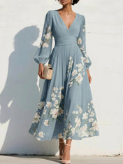 Elegant Floral V-Neck Pleated Midi Dress with Long Sleeves
