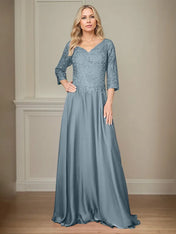 A Line Chiffon V Neck 3/4 Sleeves Floor-Length Mother Of The Bride Dress With Appliques