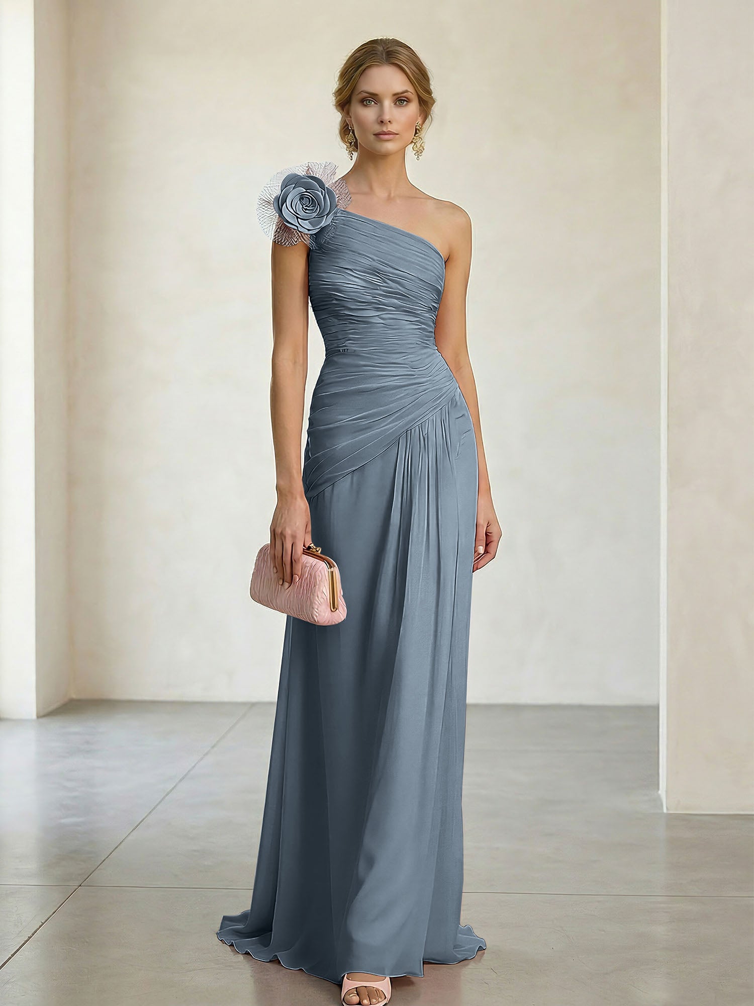 Blush Pink One-Shoulder Ruched 3D Floral Gown Dress