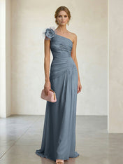 Blush Pink One-Shoulder Ruched 3D Floral Gown Dress