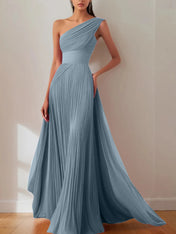 Prom Formal Pleated Dress Rose Color One-Shoulder Maxi Dress