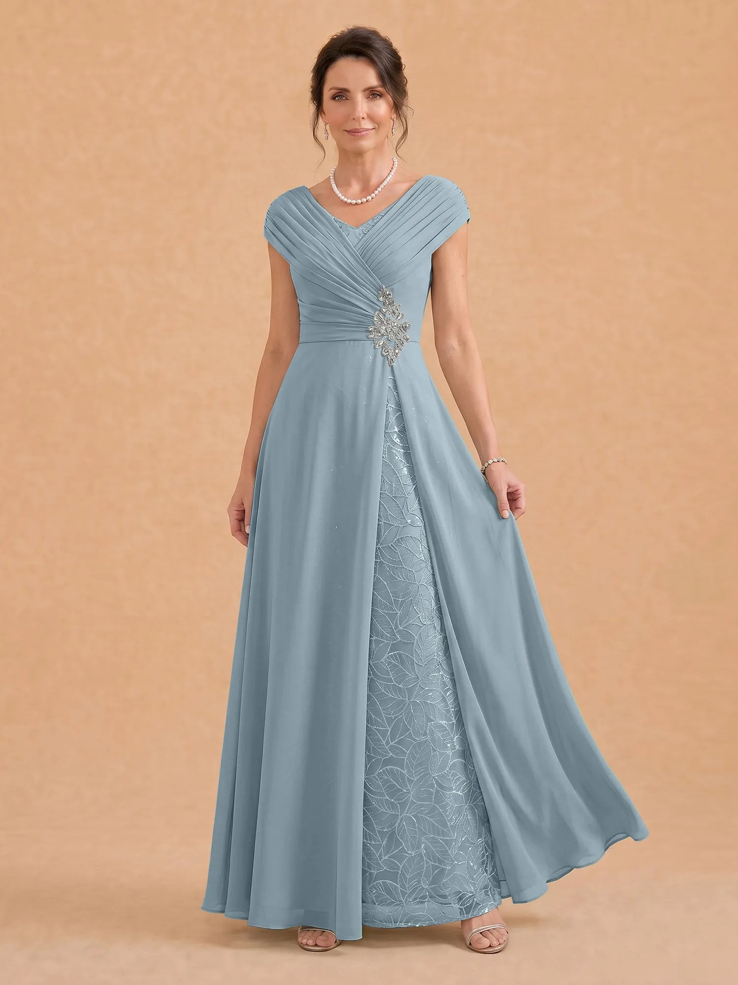 V-Neck Ruched Chiffon A-Line Mother of the Bride Dress with Crystal Brooch