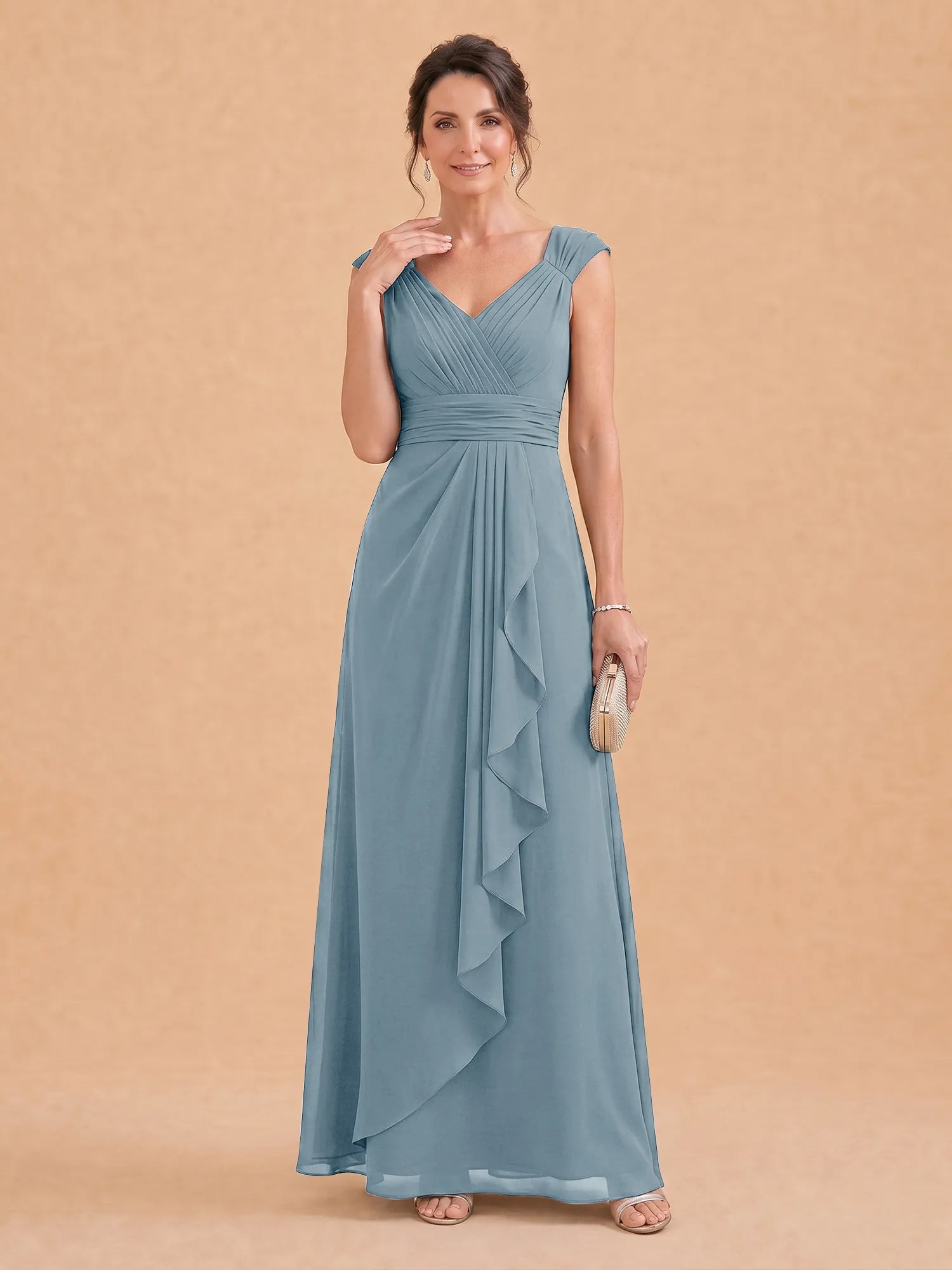 V-Neck Ruched Chiffon A-Line Mother of the Bride Dress with Cascading Ruffle
