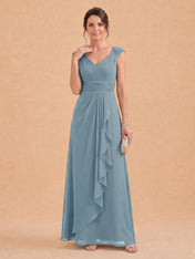 V-Neck Ruched Chiffon A-Line Mother of the Bride Dress with Cascading Ruffle
