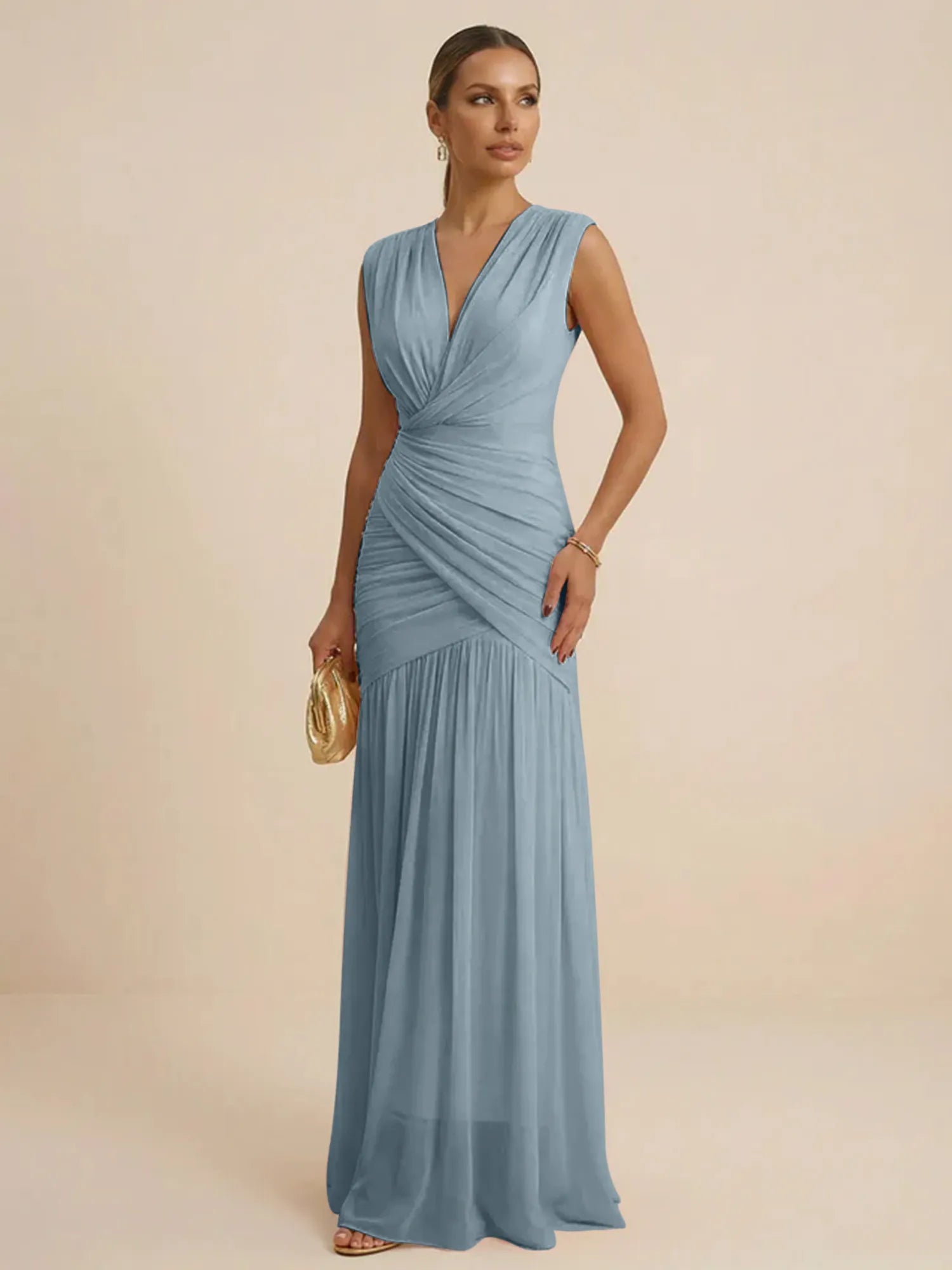 Pink Regular Straps V Neck Chiffon Pleat Mermaid Maxi Dress