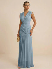 Pink Regular Straps V Neck Chiffon Pleat Mermaid Maxi Dress