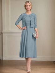 A-line Scoop Tea-Length Chiffon Mother of the Bride Dress With Pleated