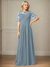 A Line Chiffon Scoop Neck Short Sleeves Floor Length Mother of the Bride Dresses