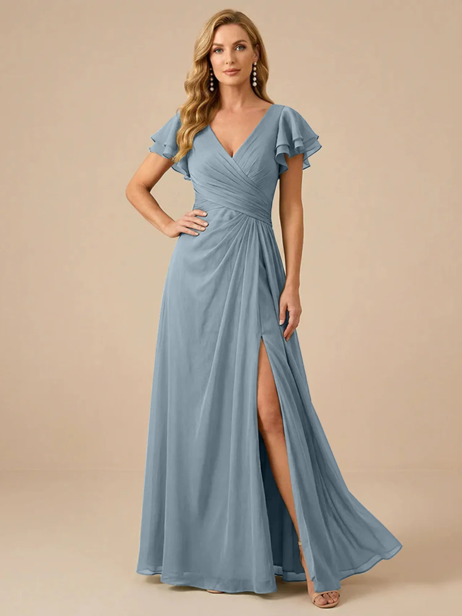 Sage Green V-Neck High-Slit Pleated Chiffon Dress