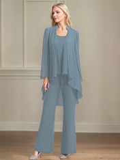 Chiffon Scoop Neck Long Sleeves Floor Length Mother Of The Bride Pantsuits