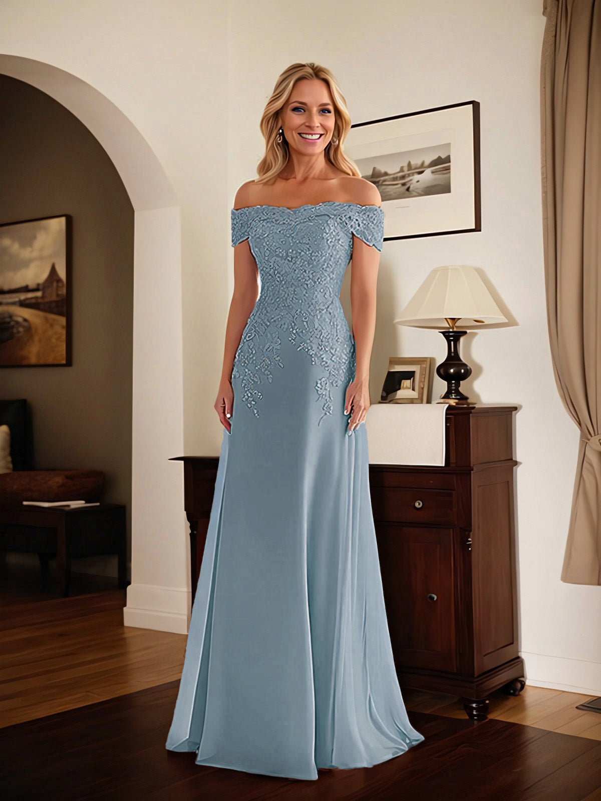 Elegant Taupe Off The Shoulder Sheath Mother of the Bride Dress with Lace