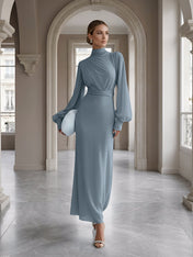 Ice Blue High-Neck Bishop Sleeve Gown Foraml Evening Dress
