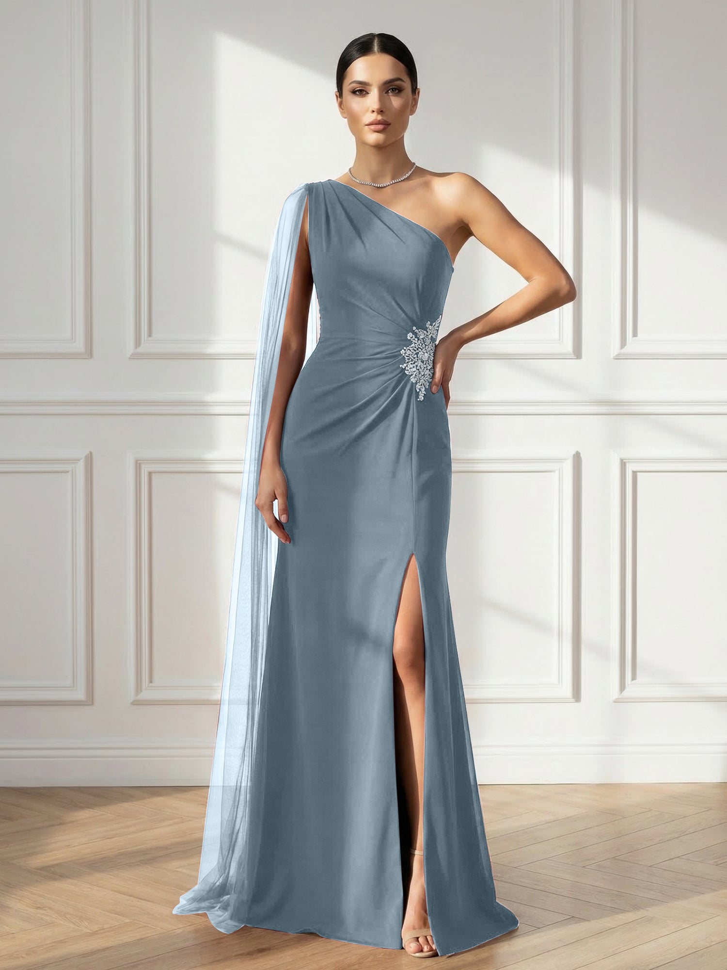 Formal Evening Dress Burgundy One Shoulder Slit Maxi Dress Gown