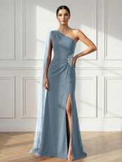Formal Evening Dress Burgundy One Shoulder Slit Maxi Dress Gown