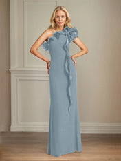 Navy Stretch Crepe Sheath/Column One Shoulder Floor Length Mother of the Bride Dresses With Ruffles