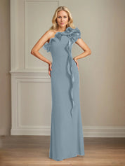 Navy Stretch Crepe Sheath/Column One Shoulder Floor Length Mother of the Bride Dresses With Ruffles