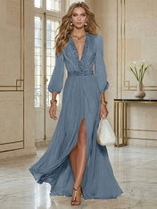 Elegant Beige Chiffon V-neck With Rhinestone Embellishments And A Side Slit Maxi Dress