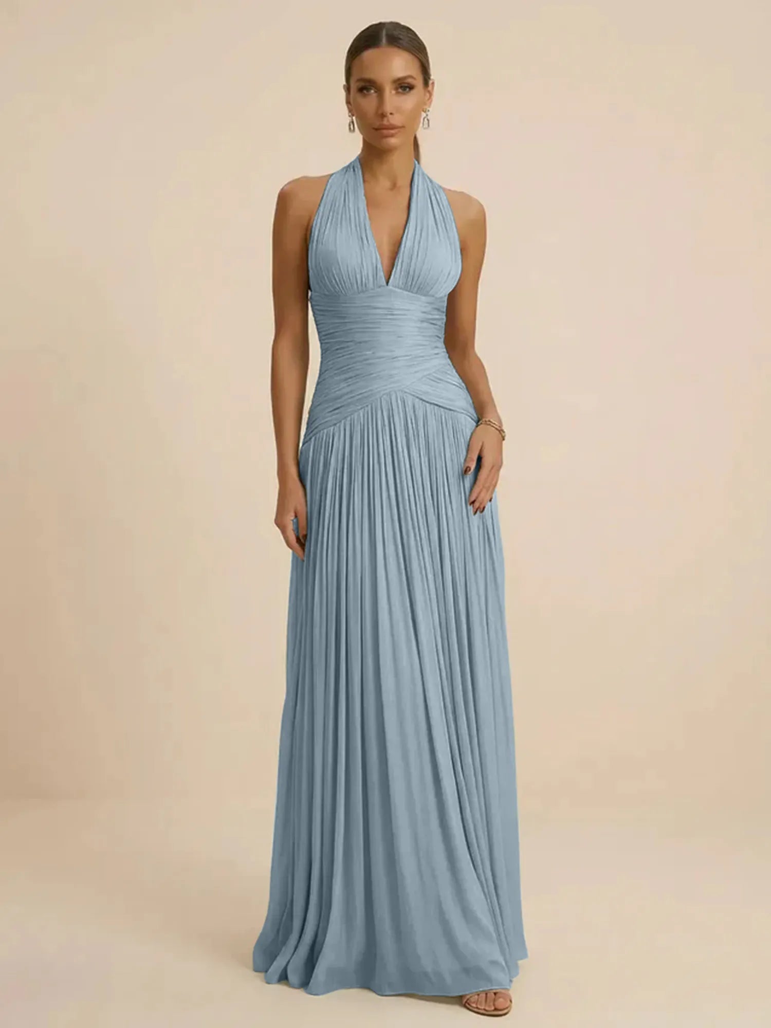 Sage Green Halter Neck Pleated Chiffon Evening Gown with Ruched