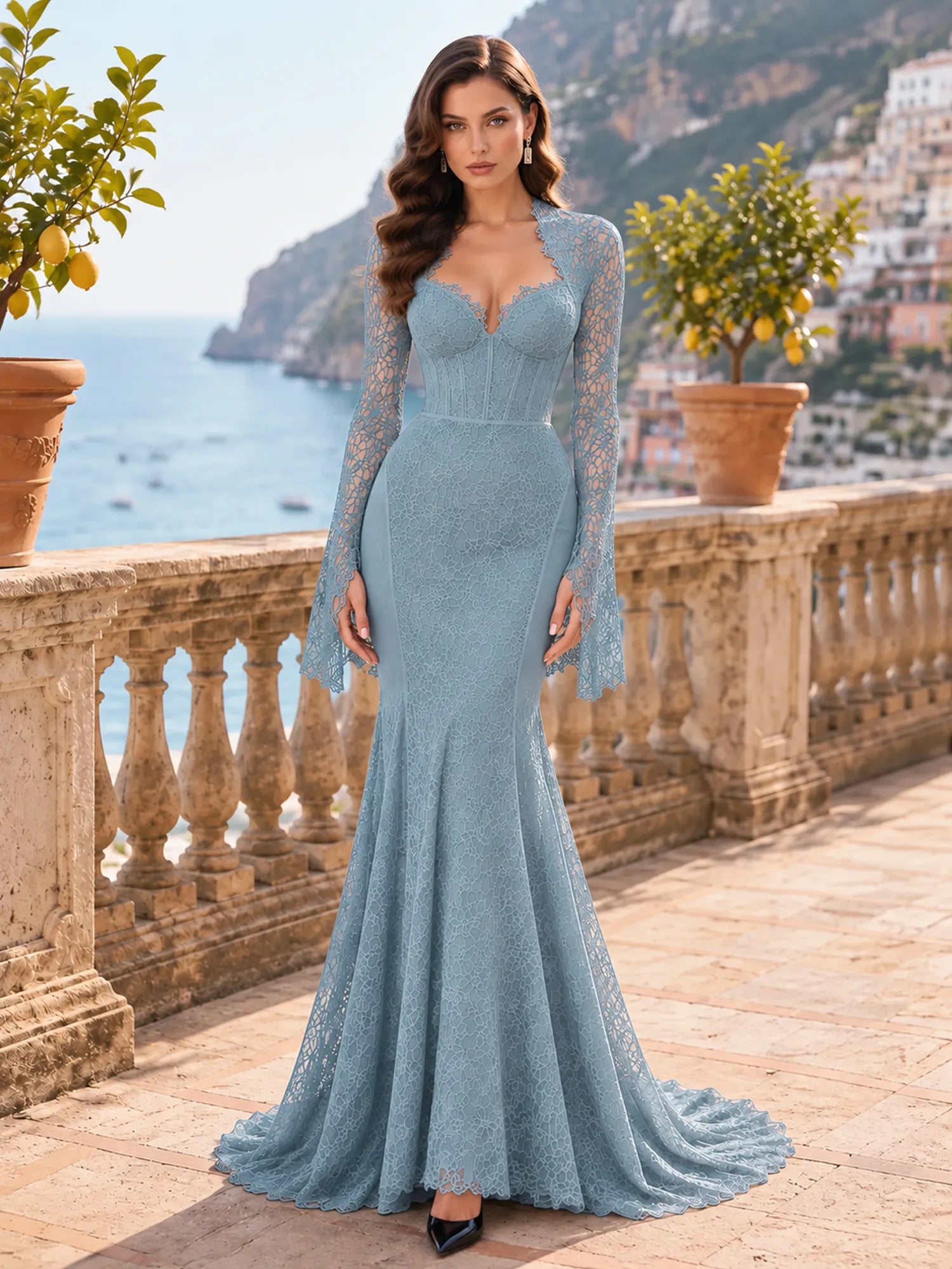 Long-Sleeve Lace-Trimmed Mermaid Evening Dress