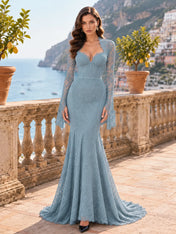 Long-Sleeve Lace-Trimmed Mermaid Evening Dress