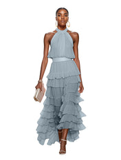 A Line Pink Chiffon Halter Neck Sleeveless Ankle Length Dress With Cascading Ruffles