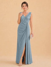 V-Neck Faux-Wrap Evening Gown with Side Draping Mother of The Bride Dresses