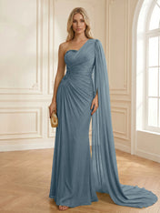 Sage Green One Shoulder Beaded Evening Gown with Cape Sleeve