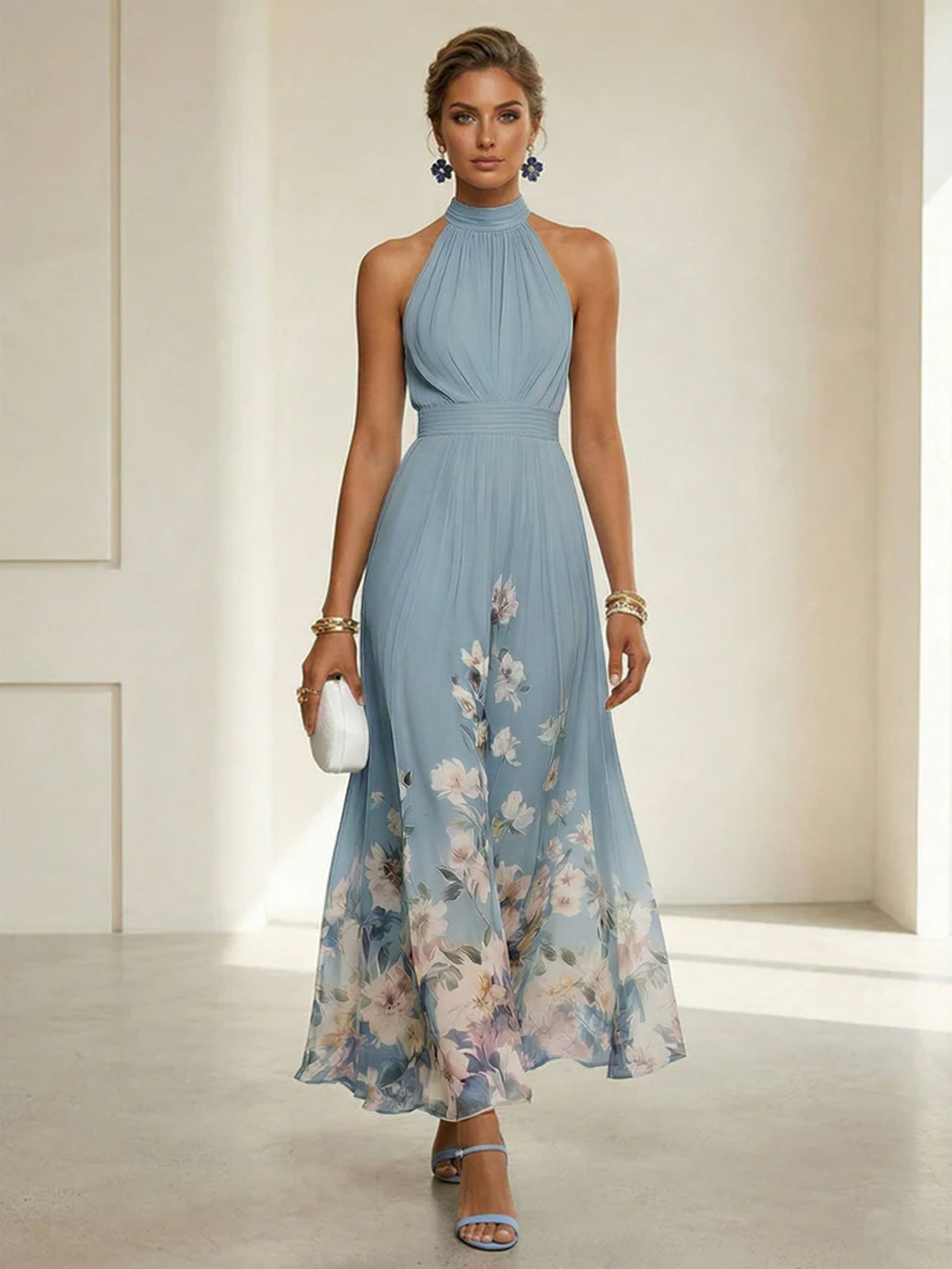 Light Blue Floral Chiffon Halter Sleeveless A-Line Maxi Dress Gown
