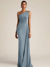 Formal Evening Dress Green One-Shoulder Ruched Floor-Length Dress