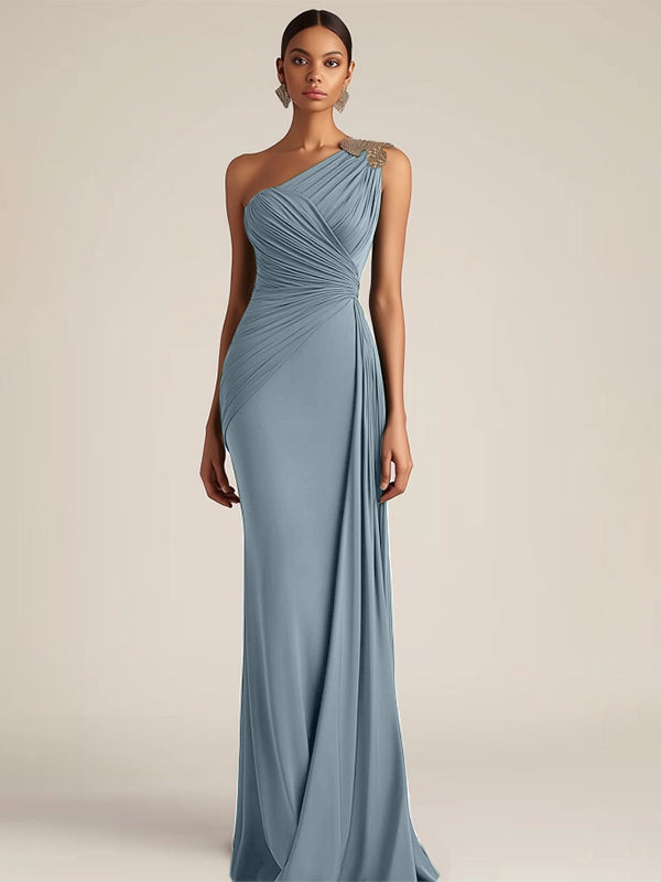 Formal Evening Dress Green One-Shoulder Ruched Floor-Length Dress