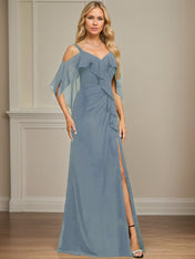 Sheath/Column Cold Shoulder V-Neck Floor-Length Chiffon Dress With Cascading Ruffles Sequins Beading