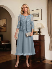 A-line Scoop Tea-Length Lace Chiffon Mother of the Bride Dress With Sequins