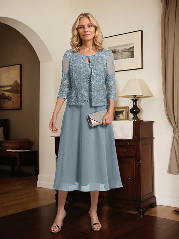 A-line Scoop Tea-Length Lace Chiffon Mother of the Bride Dress With Sequins