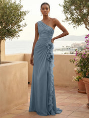 One Shoulder Pleat Mermaid A Line Ruffle Evening Dresses