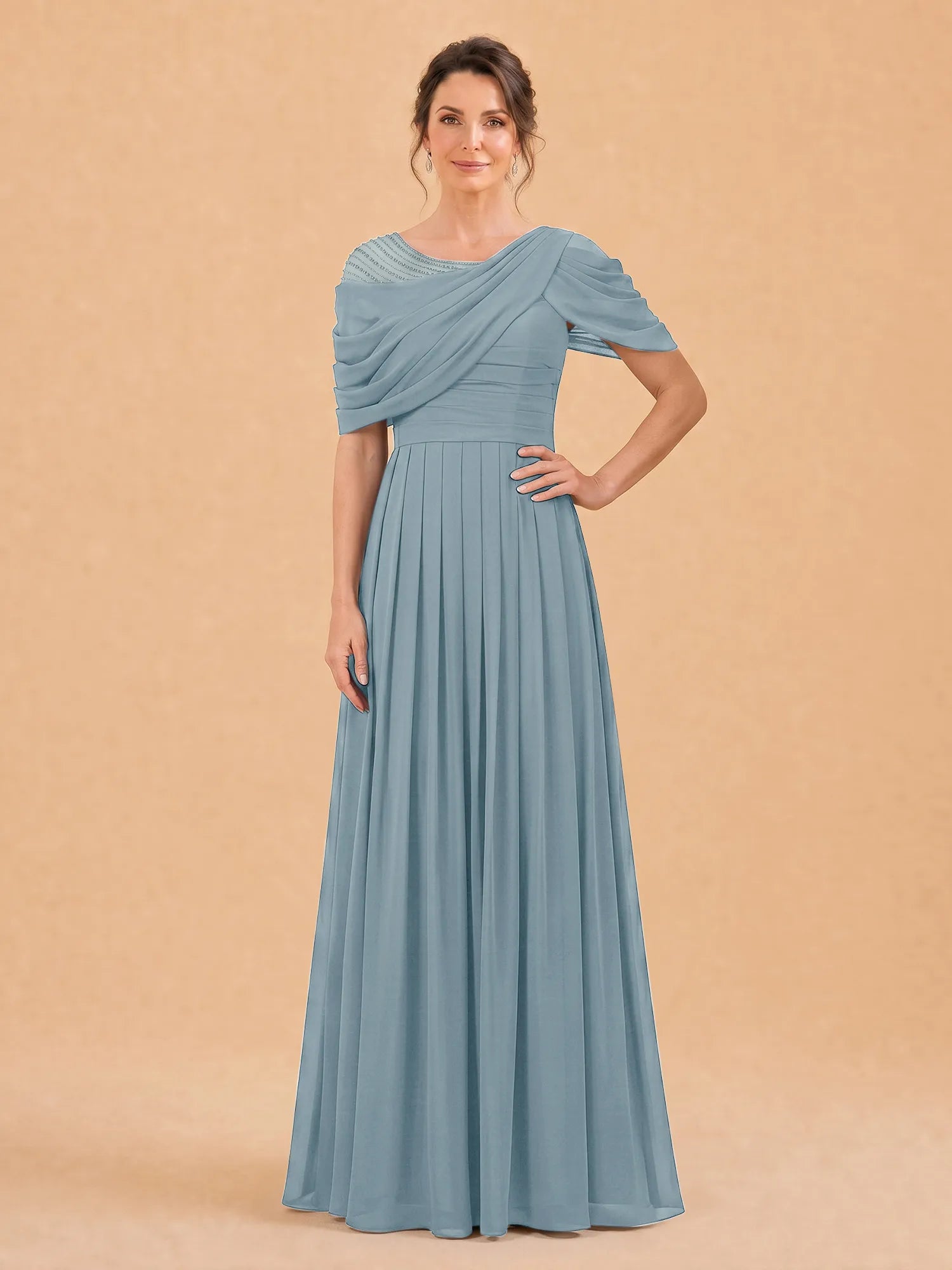 One-Shoulder Cape Overlay Chiffon Mother of the Bride Dress