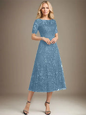 A-line Scoop Illusion Tea-Length Lace Mother of the Bride Dress With Sequins