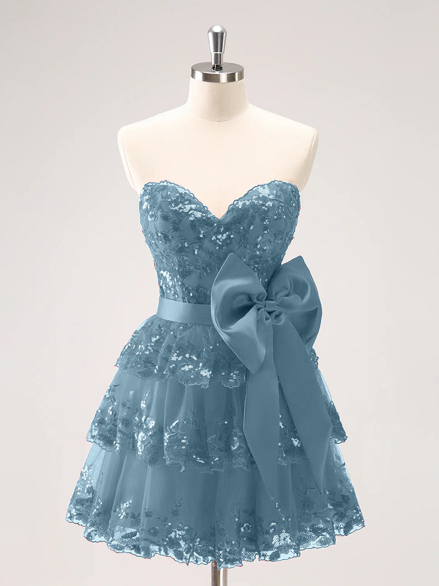 Sparkly A Line Sweetheart Corset Tiered Ruffle Homecoming Dress with Bows