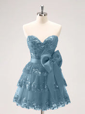 Sparkly A Line Sweetheart Corset Tiered Ruffle Homecoming Dress with Bows