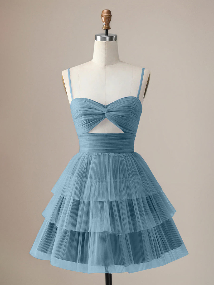 A Line Spaghetti Straps Short Tiered Homecoming Dress with Hollow Out