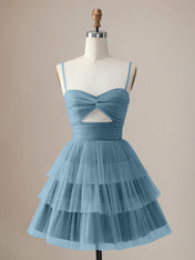 A Line Spaghetti Straps Short Tiered Homecoming Dress with Hollow Out