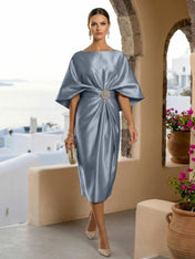 Half Sleeves Mermaid Satin Tea Length Long Evening Dresses with 3D Flower