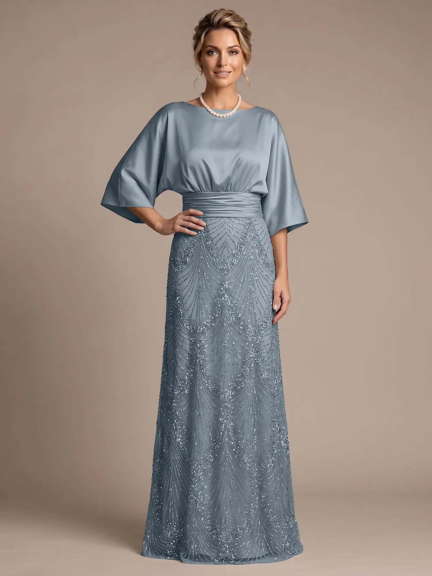 Bateau Neck Satin Evening Gown with 3/4 Batwing Sleeves Mother of The Bride Dresses