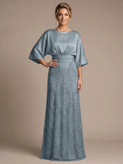 Bateau Neck Satin Evening Gown with 3/4 Batwing Sleeves Mother of The Bride Dresses