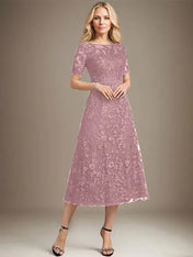 A-line Scoop Illusion Tea-Length Lace Mother of the Bride Dress With Sequins