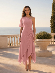 One-Shoulder Asymmetrical Chiffon Handkerchief Midi Dress with Flutter Sleeve